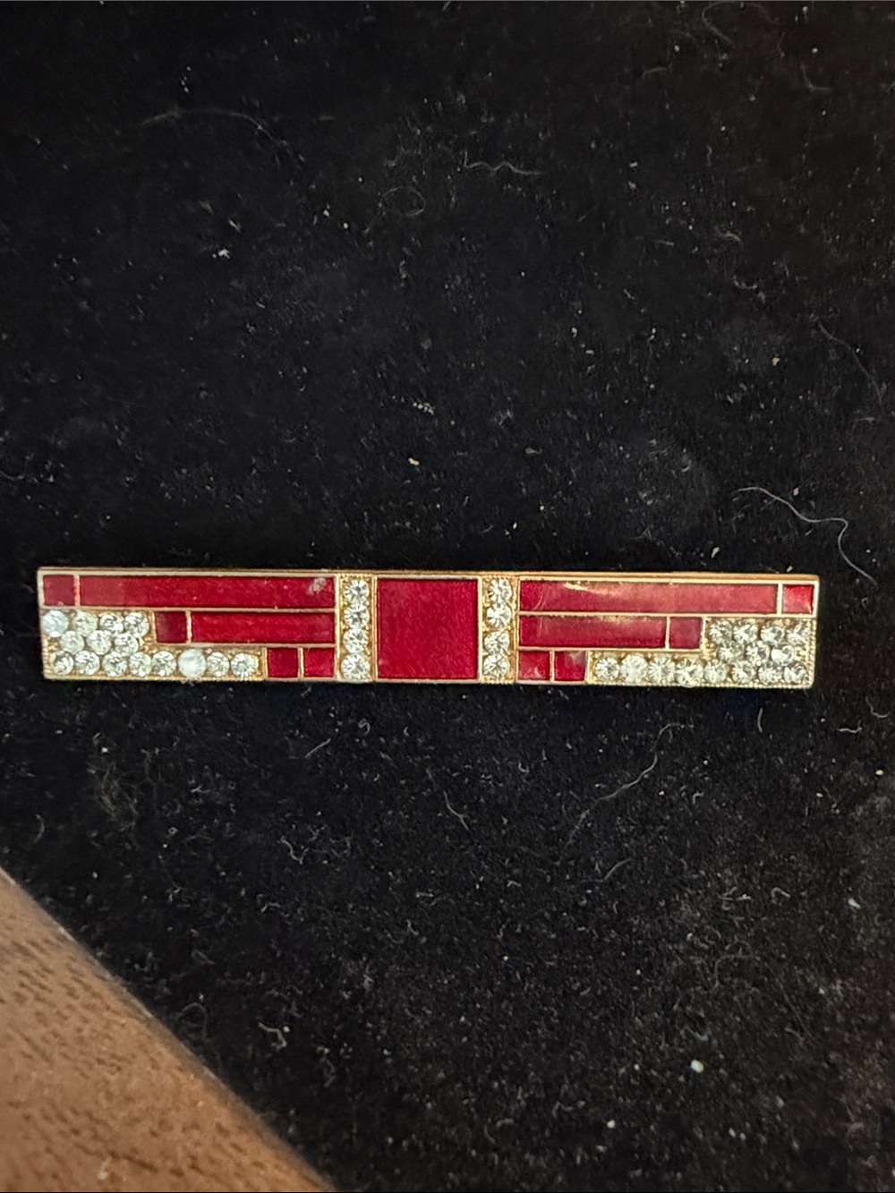 Red Enamel and Crystal Bar Brooch - Gold Accent